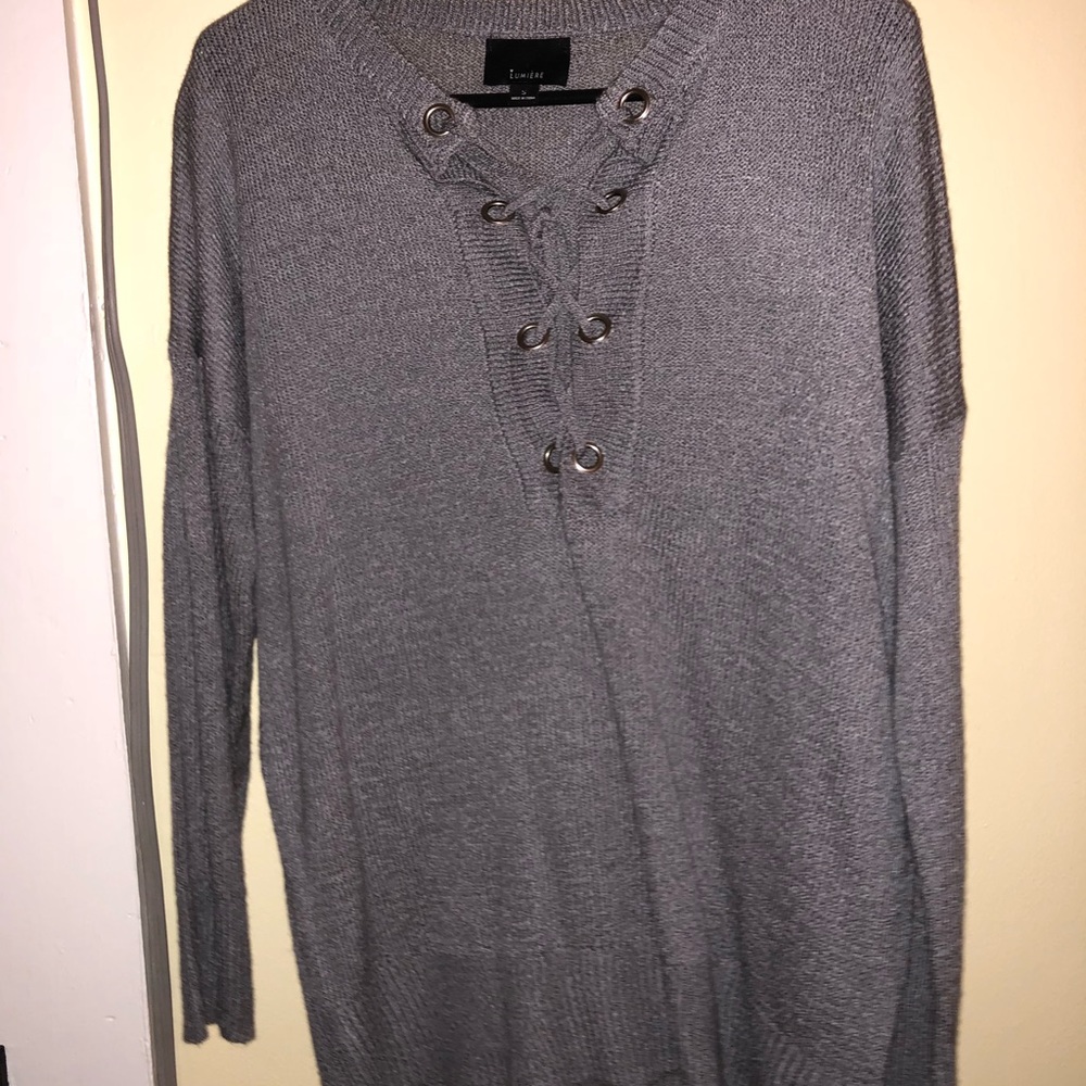 Gray tie sweater